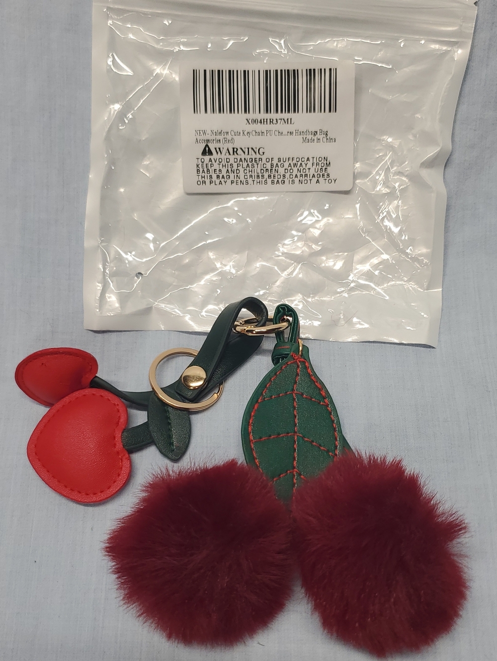Red Cherry Pom-Pom Keychain Bag Charm - 2-Pom Pair with Leaf Accent